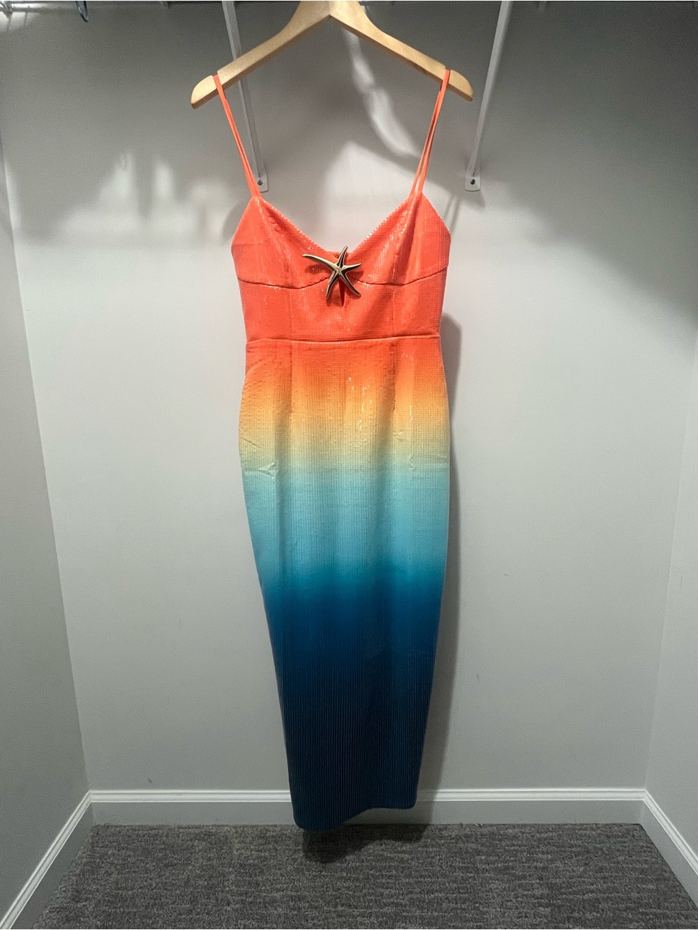 Gradient Coral-to-Blue Spaghetti Strap Dress with Starfish Accent